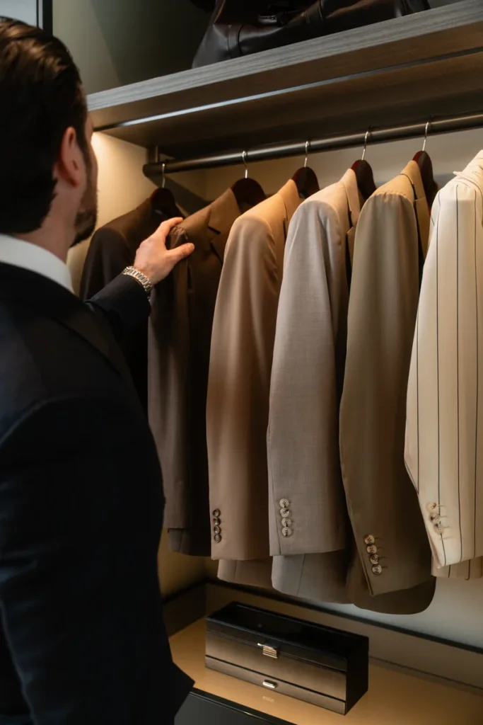 Choosing jackets from a rail of cream, taupe and brown tailoring for a wedding party