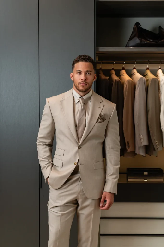 Light taupe two-piece wedding suit for a groom with a tonal tie and pocket square